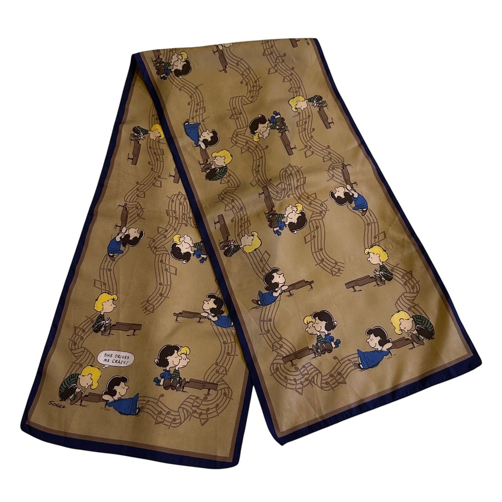 Vintage Peanuts 1950's Scarf Schroeder Lucy She Drives Me Crazy Tan Navy 27x11